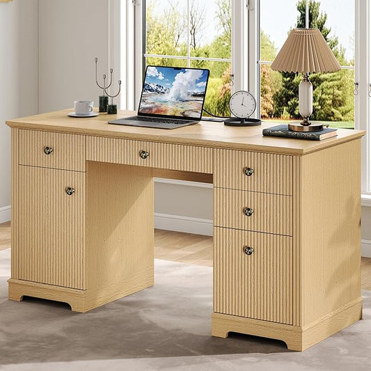 59" Modern Executive Desk with Drawers, Wood Home Office Computer Desk with Charging Station, 5 Drawers & 1 Cabinet, File Drawer, Fluted Computer Writing Desk for Study, Living Room, Bedroom, Oak