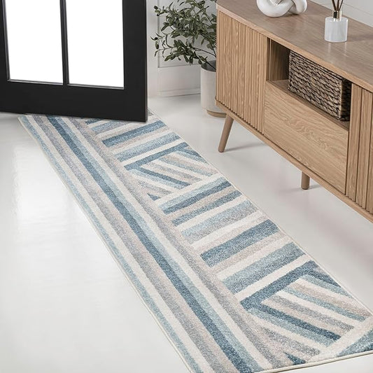 JONATHAN Y Retro Rainbow Stripe Runner Rug 2x8, Blue/Cream/Gray, Contemporary, Casual, Coastal, Easy-Cleaning for Living Room, Bedroom, Kitchen, Pet Friendly, Non-Shedding (DZC102B-28)