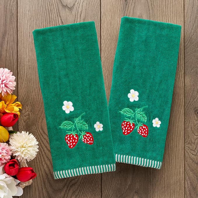 SKL Home Strawberry Vine 100% Cotton Embroidered 2pc Hand Towel Set, Decorative for Bath/Kitchen/Bar & Gift, Green