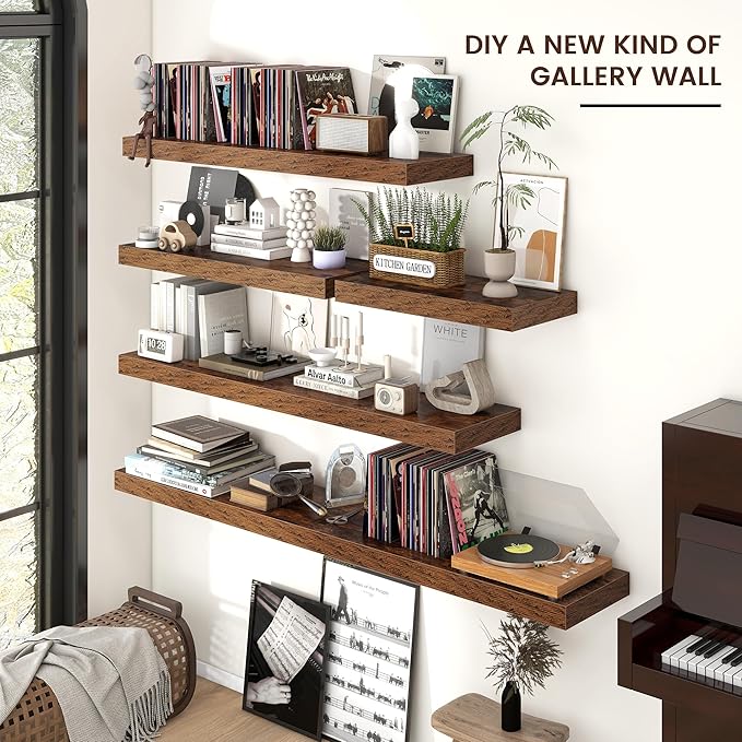 Floating Shelves for Wall, 24 Inch Wide x 12 Inch Deep Floating Shelves, Long Wood Floating Wall Shelf Shelves for Living Room Bathroom Bedroom Kitchen Home - (Brown, 24" W x 12" D x 2" H)