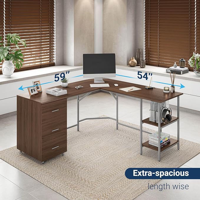 Techni Mobili L Shaped Desk - Two-Toned Computer Desk with Drawers & Storage Shelves - Simple Modern Furniture & Home Office Space Corner Table for Work & Writing