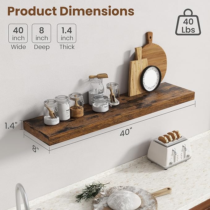 40 Inch Floating Shelves for Wall, 8 Inch Deep Floating Shelf for Storage & Display, Wall Mounted Shelf with Invisible Brackets for Living Room, Kitchen, Bathroom, Home Decor, Set of 2, Rustic Brown