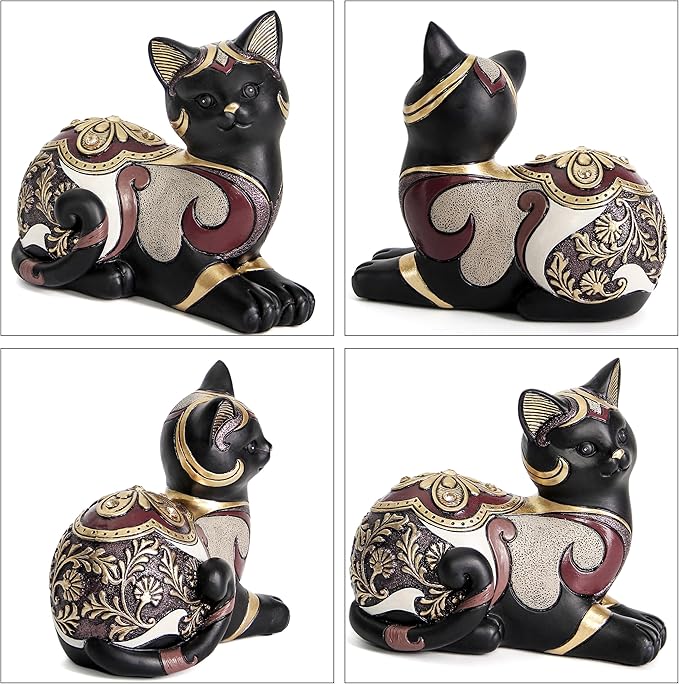 Black Cat Statue for Home Decor, Cat Figurines Room Decoration for Bookshelf Office Table, Vintage Matt Small Cat Sculpture Gift for Cat Lovers, Woman Mom Retro Cats Animal