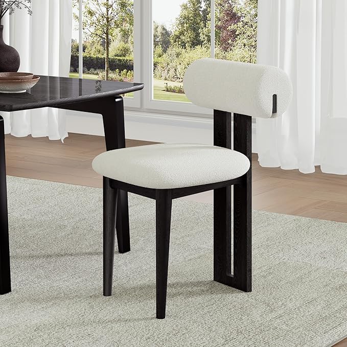 Upholstered Kitchen & Dining Room Table Chairs Set of 2, Solid Wood White Mid Century Dining Chairs with Boucle Upholstery, Cylindrical Backrest for Vanity, Living Room, Office, White & Black