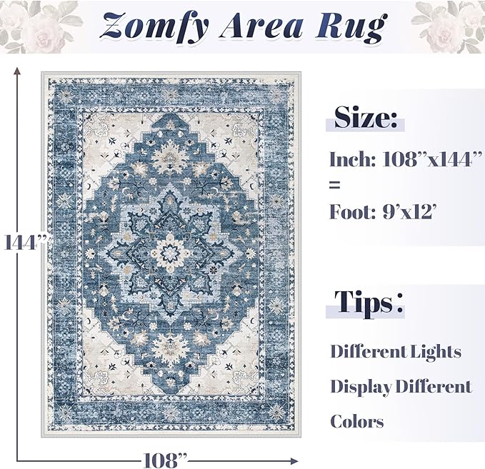Area Rug 9x12 Vintage Rug: Large Washable Indoor Medallion Rugs Low Pile Distressed Floor Carpet Retro Accent Rug for Living Room Bedroom Kitchen Dining Table Home Office(Blue, 9'x12')