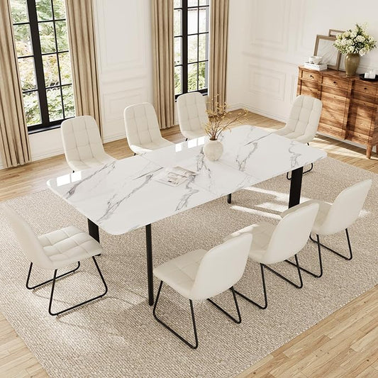 Extendable Dining Table Set for 6-8 People, 63 to 78.7 Inch MDF Kitchen Table with 8 Faux Leather Dining Chairs, Space-Saving for Dining Room, Breakfast Nook (White Table & 8 White Leather Chairs)