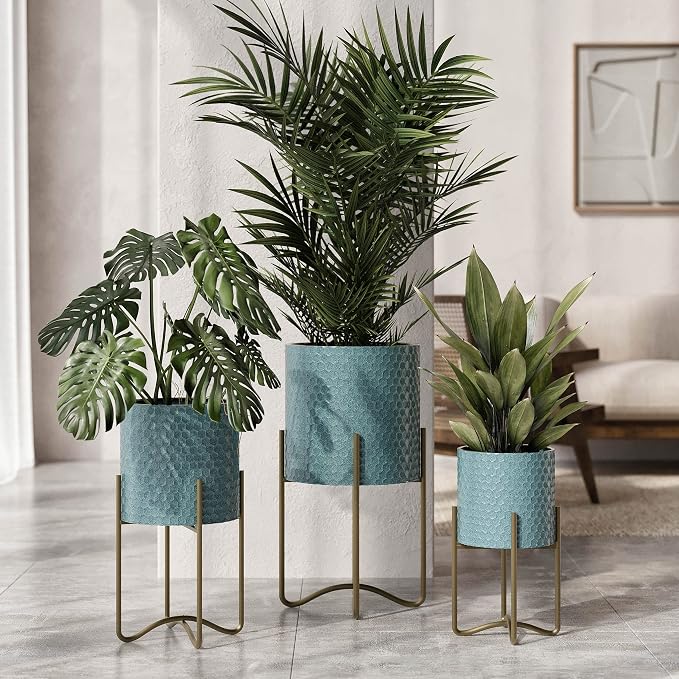 EverNest Mid-Century Modern Rhys Honeycomb Embossed Planter Pot with Ambrose Stand, Metal Indoor Plant Pots, Blue Green Bohemian Style (Medium 2 Gallon)