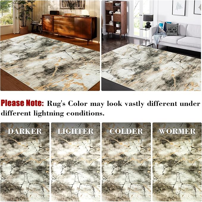 Area Rug 5x7 Washable Modern Abstract Rug for Living Room Water Ink Abstract Small Accent Carpets Low Pile Soft Bedroom Floor Covers Non Shedding Office Carpet Mat for Porch Kitchen， Brown
