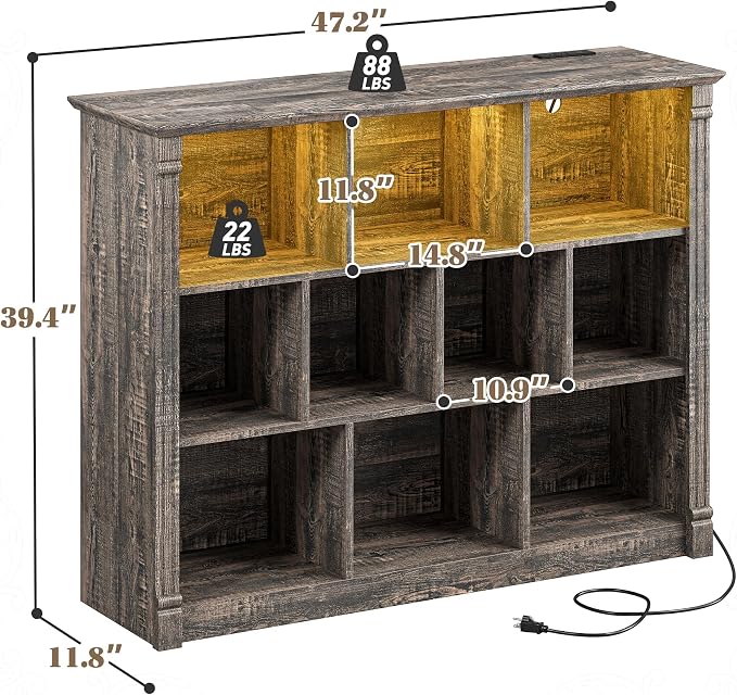 EnHomee 10 Cube Storage Organizer with LED Light and Charging Station Wood Cube Shelf Display Cabinet for Bedroom, Living Room, Office, Black Oak