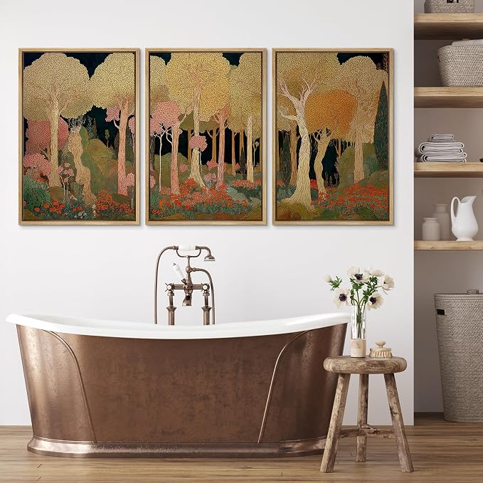 wall26 Framed Print Wall Art Set Art Nouveau Golden Forest Whimsical Vintage Tree and FloralDecorative Minimal Relax/Zen for Living Room, Bedroom, Office - 16"x24"x3 NATURAL