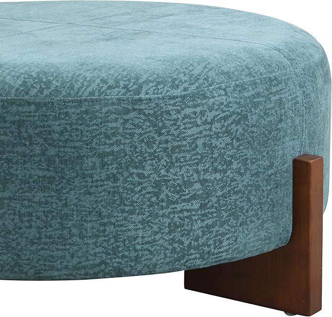 Christopher Knight Home Holmes Modern Chenille Upholstered Ottoman Coffee Table, Wooden Round Cocktail Ottoman, Large Living Room Sofa Footstool/Footrest, Teal Blue+Walnut