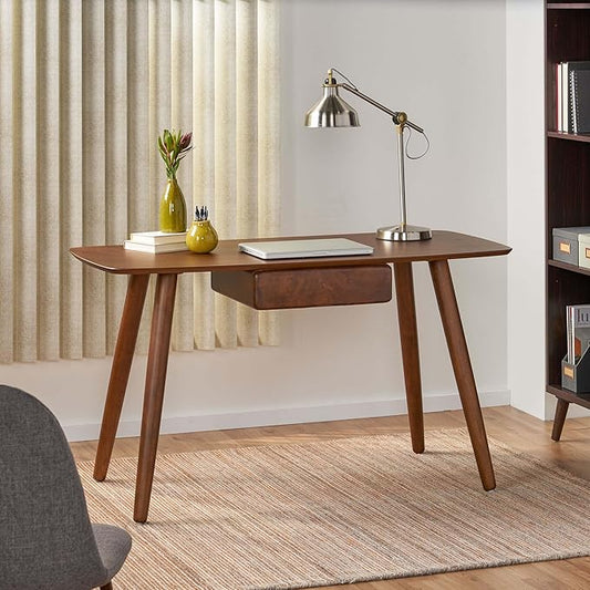 Anwick 53 Inch Writing Desk with Drawers,Wood Desks for Small Spaces,Modern Home Office Desk for Bedroom, Writing Table with Solid Legs for Work and Study, Walnut Finish, Mid Century (Walnut, 53'')