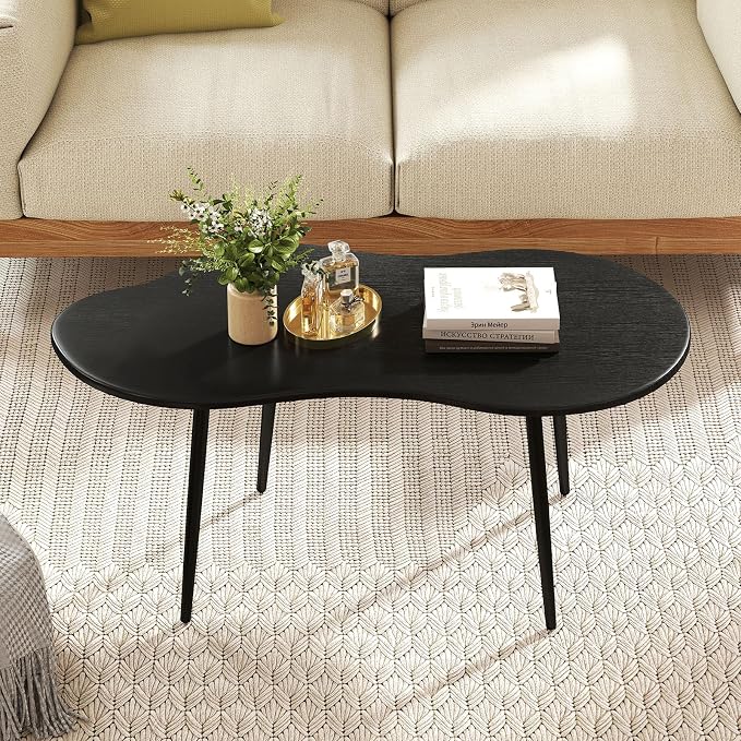 Giantex Small Coffee Table, 39.5" Cloud Center Table with Metal Frame, Unique Irregular Accent Cocktail Tea Table, Modern Wood Coffee Table for Living Room, Small Spaces (Black)
