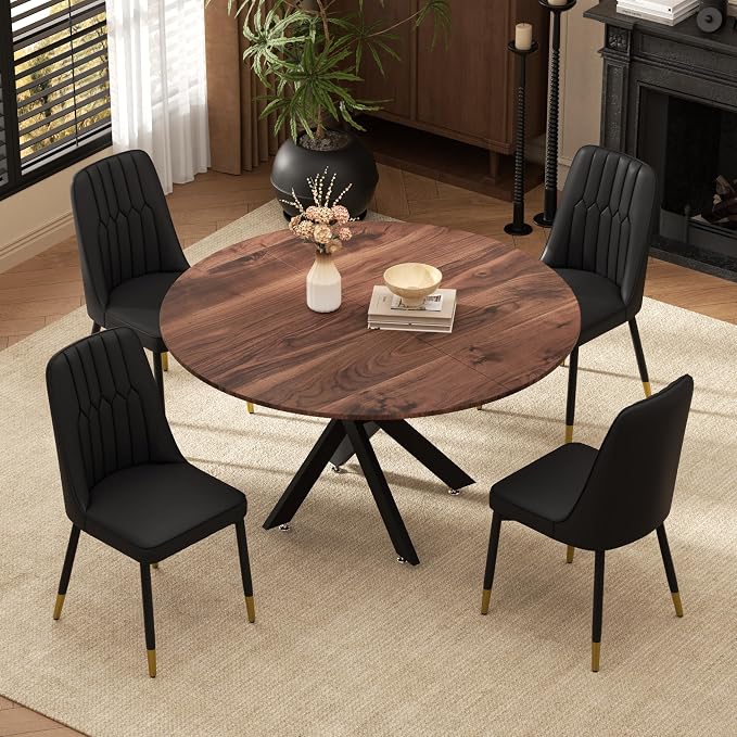 RGZ Mid Century Walnut Round Dining Table Set for 4, 47" Large Wooden Circle Kitchen Table & 4 Black PU Leather Kitchen Chairs, Dinner Table Set for Home, Apartment, Dining Room