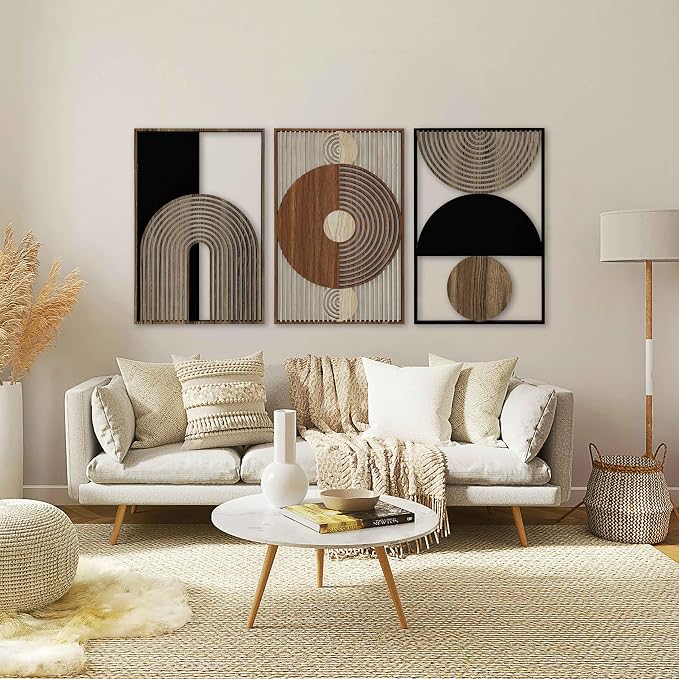 Geometric Mid Century Wood Wall Art Set, Scandinavian Boho Wooden Wall Decor, Modern Abstract Triptych Panels, Large Housewarming Gift for Living Room and Bedroom
