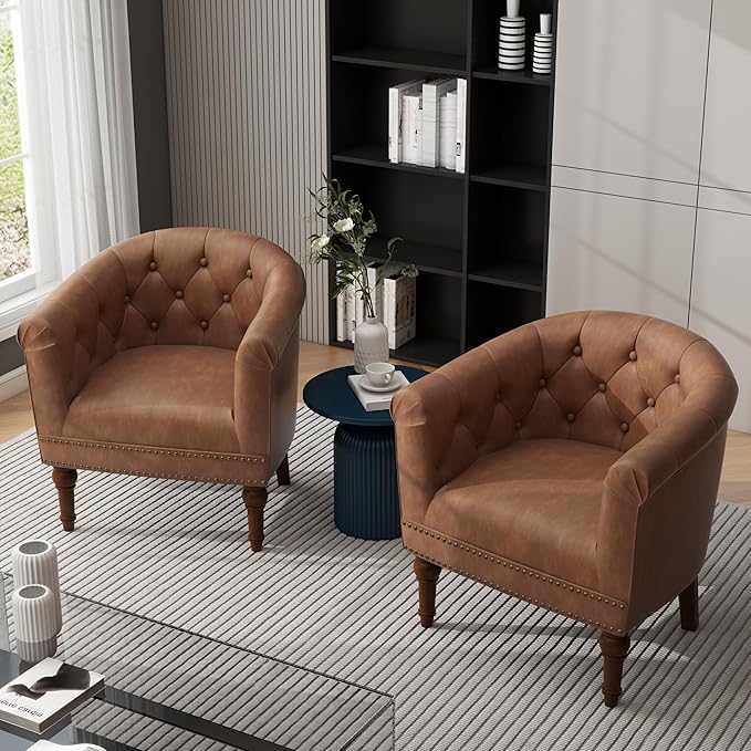UIXE PU Leather Barrel Accent Chair, Modern Club Chair Upholstered Armchair for Living Room, Nailed Trim Arm Chair Comfy Single Sofa Bedroom Reading Seat, Brown