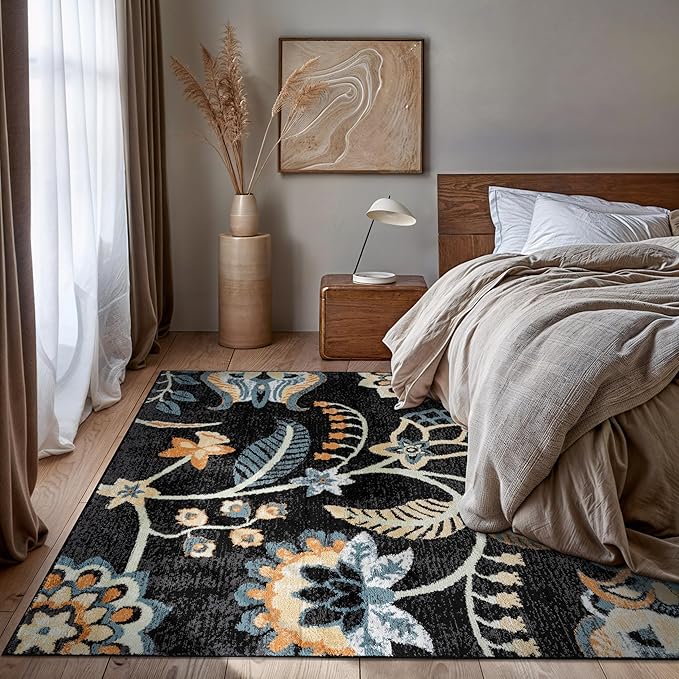 Rugshop Black Floral Area Rug – Colorful Botanical Indoor Carpet for Living Room, Bedroom, or Dining Room – Soft Low-Pile, Non-Shedding Traditional Rug 7' 10" x 10'