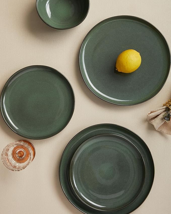 Plates and Bowls Sets for Family of 6, Ceramic Dinnerware Sets, Kitchen Dish Set, Microwave & Dishwasher Safe Dishware, Highly Durable Reactive Glazed Dinner Set, Forest Green