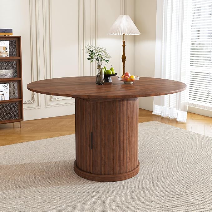 47"-59" Extendable Round Dining Table for 4-6,Mid Century Modern Walnut Wood Grain Table,Storge Kitchen Table with Storage Dining Table with Double Shelves and Sliding Doors for Small Spaces