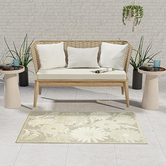 Nourison Home Aloha Ivory Sage 2'8" x 4' Area Rug - Easy Clean, Non Shedding, Bed Room, Living Room, Dining Room, Kitchen (3' x 4')