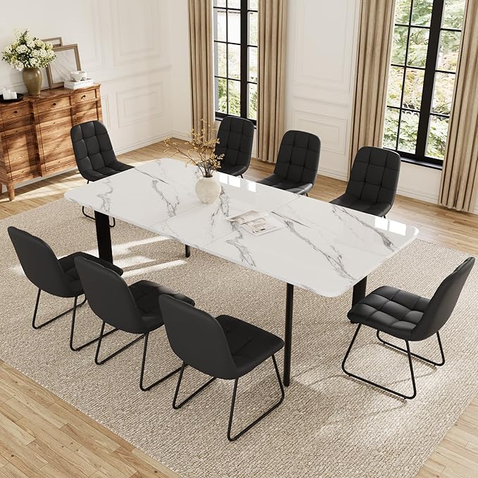 Extendable Dining Table Set for 6-8 People, 63 to 78.7 Inch MDF Kitchen Table with 8 Faux Leather Dining Chairs, Space-Saving for Dining Room, Breakfast Nook (White Table & 8 Black U-Shaped Chairs)