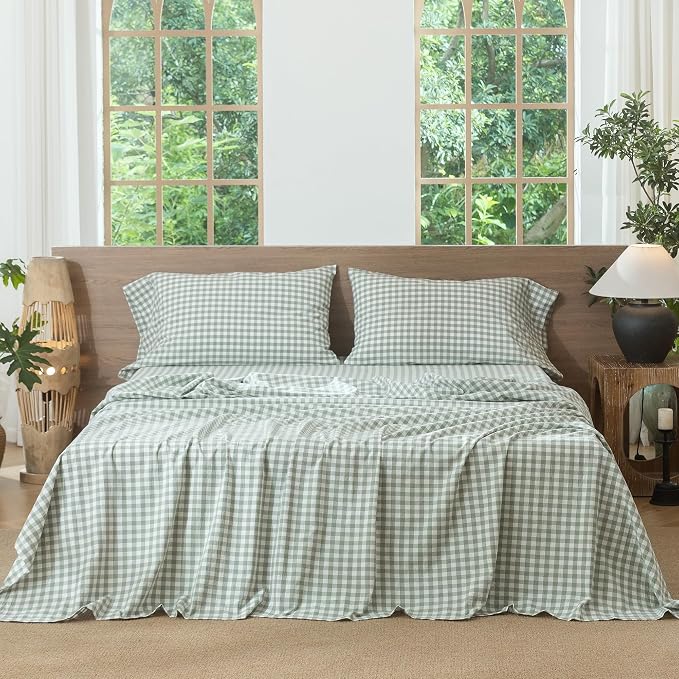 MooMee Gingham Sheet Set 100% Washed Cotton Linen Like Textured Breathable Soft w/ Fully Elasticized 16-19" Deep Pocket (Classic Gingham Sage Green, King)