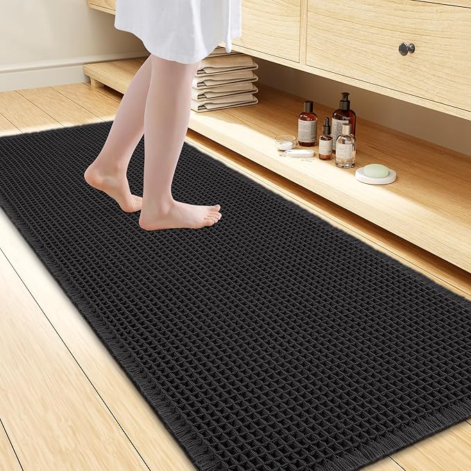 Smiry Waffle Bath Mat 47x24, Extra Soft Absorbent Bathroom Rugs, Non Slip Machine Washable Quick Dry Bath Rugs for Bathroom Floor, Tub, Shower, Home Decor Accessories, Black