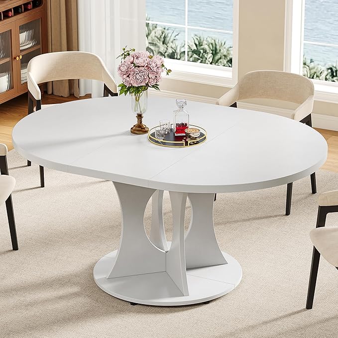 iPormis 43.3-59 Inch Extendable Round Dining Table for 6-8 People, Oval Dinner Table with Adjustable Top and A Stable Round Pedestal Base, Space Saving Wooden Kitchen and Dining Table, White