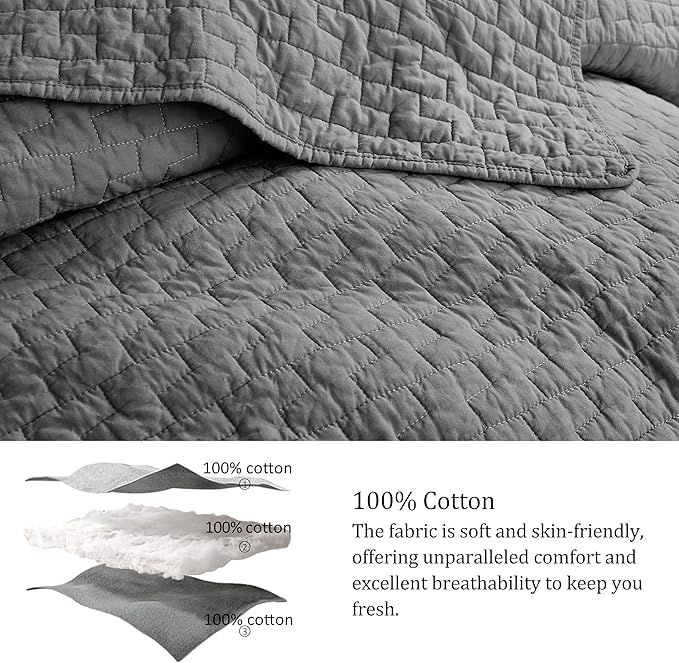 palassio Dark Grey 100% Cotton Quilt California Cal King Size Bedding Sets with 2 Pillow Shams, Oversized Lightweight Bedspread Shabby Chic Coverlet, Soft Bed Cover for All Season, 3 Pieces