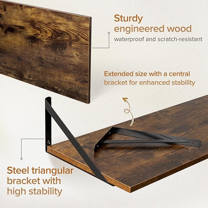 Deep Floating Shelves Wall Mounted, 48"x12" Brown Wood Shelves with Brackets Set of 2 for Bedroom, Living Room, Bathroom, Kitchen, Office - Storage & Display Shelf for Decor, Books, Plants