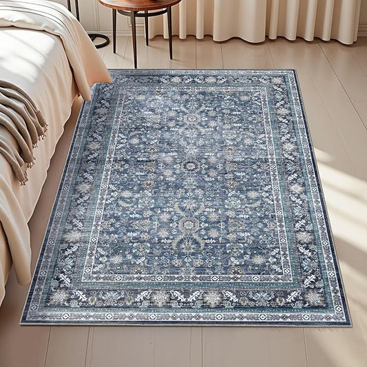 OPPODREAM Vintage Blue Area Rugs 3x5, 3 x 5 Retro Washable Rug Non Slip, Low-Pile Faux Wool Carpet, Distressed Navy Floor Mat for Living Room, Bedroom, Kitchen, Office, Dorm, Dinning Room