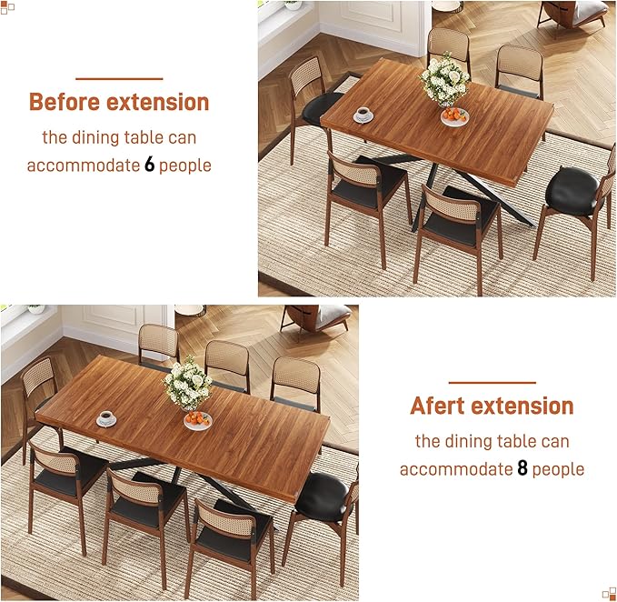59In-78Inch Extendable Rectangular Dining Table for 6 8 People, Wood Long Dining Room Table W/Removable Leaves,Space Saving,Modern Dinner Table W/Waterproof Tabletop&Metal Legs for Kitchen Living Room