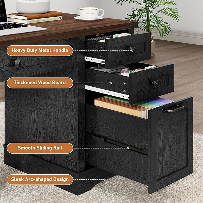 Squireewo 58'' Farmhouse Home Office Desk with Drawers, Wooden Executive Desk with Charging Station, File Drawers and Storage Cabinet, Computer Desk for Work, Study and Writing, Black