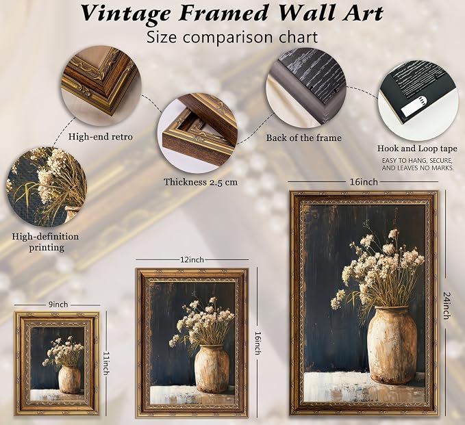 Vintage Gold Framed Wall Art,Fall Dried Flowers Antique Vase Country Oil Painting Canvas Prints,Dark Moody Rustic Farmhouse Floral Still Life Picture,for Living Room Bedroom Shelf Decoration, 9x11in