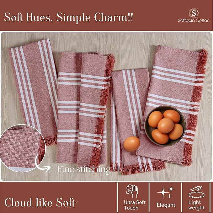 Stripe Kitchen Dish Towels 12 Pack, 16x26 Inches, Quick Drying Cloths, 100% Cotton, Absorbent Wash Rags, Washable and Reusable, Cleaning Towels for Dishes, Everyday Drying Use - Rust