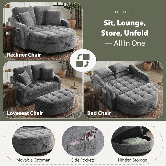 Round Chaise Lounge Chair with Storage Ottoman, Oversized Bubble Chair and a Half Featuring Adjustable Backrest, Plush Reading Accent Chair and Ottoman Set for Bedroom, Silver Grey