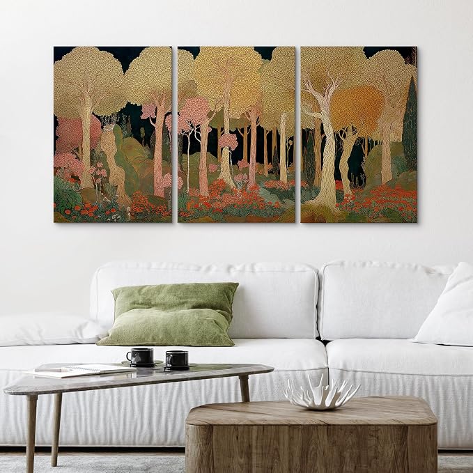 wall26 Canvas Print Wall Art Set Art Nouveau Golden Forest Whimsical Vintage Tree and FloralDecorative Minimal Relax/Zen for Living Room, Bedroom, Office - 16"x24" x 3