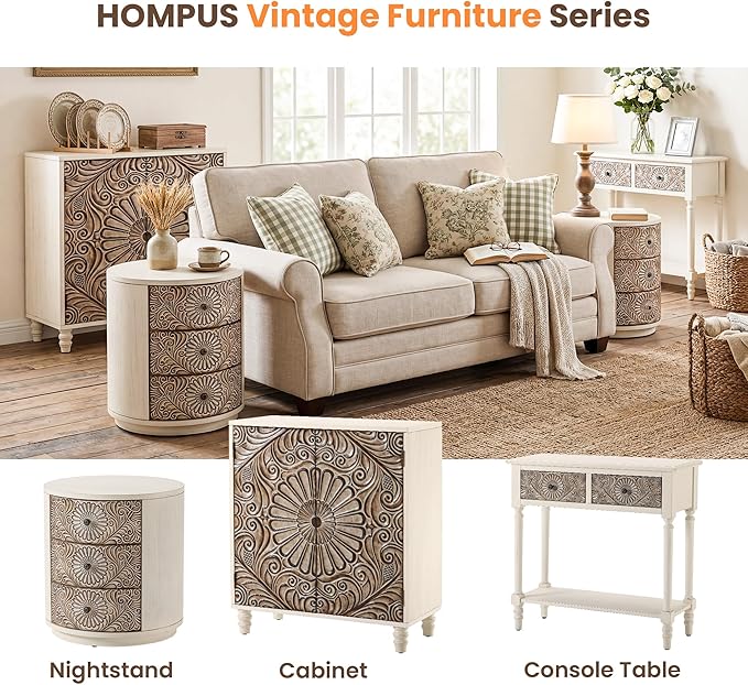 HOMPUS Round End Table Set 2, Fully Assembled Nightstand w 3 Storage Drawers, Farmhouse Wood Dresser Set of 2, Vintage Nightstand Bedside Tables, Aceent End Tables for Bedroom, Rustic White