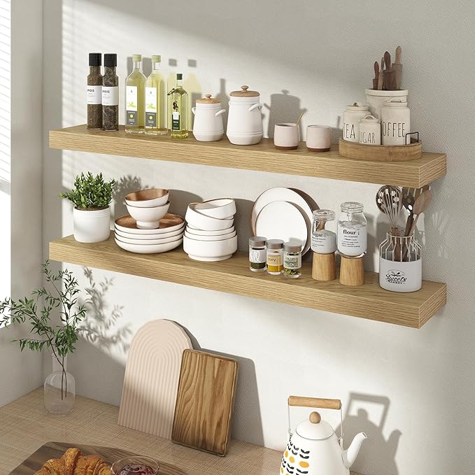 36 Inch Floating Shelves for Wall 2 Pack, 36" Wall Shelves for Books, Storage, Decor, Wall Mounted Floating Shelf with Invisible Brackets for Kitchen, Living Room, Oak