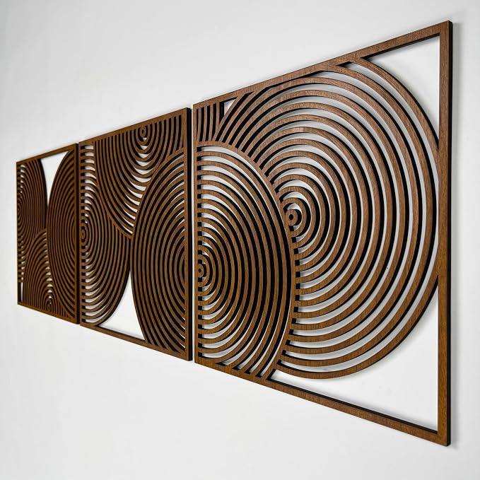 Large Midcentury Modern Wood Wall Art Trio, Geometric Wood Panels with Bold Circular Cutouts, Boho Living Room Decor Above Sofa or Bed #83