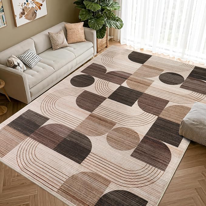 Large Machine Washable 6x9 Area Rug, Soft Modern Geometric Abstract Brown Rugs for Bedroom Living Room, Non-Shedding Faux Wool Indoor Throw Floor Carpet for Office Entryway Dining Room Decor