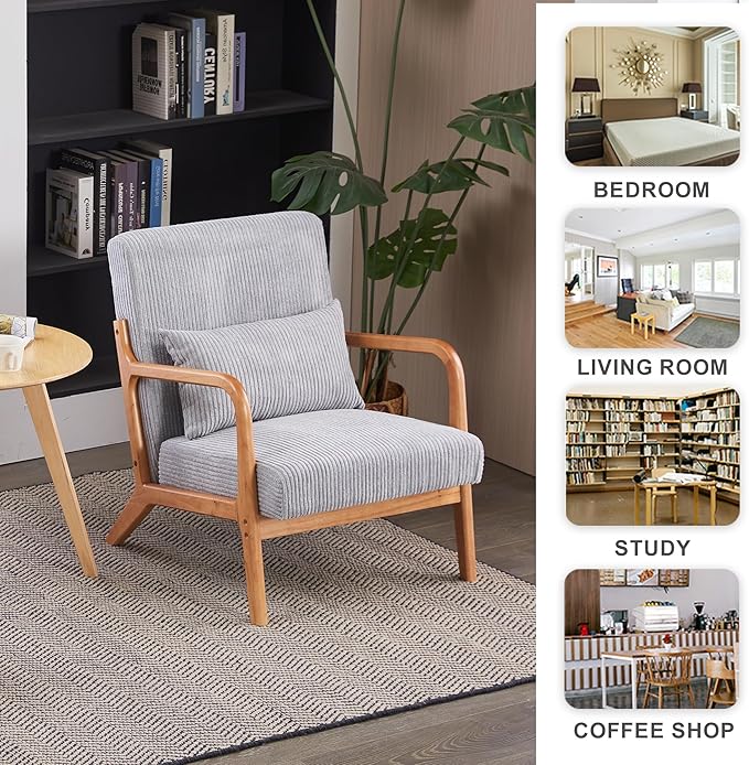 Accent Chairs, Mid-Century Modern Chair with Pillow, Armchair with Solid Wood, Reading Relaxing Leisure Chair for Living Room (Light Grey)