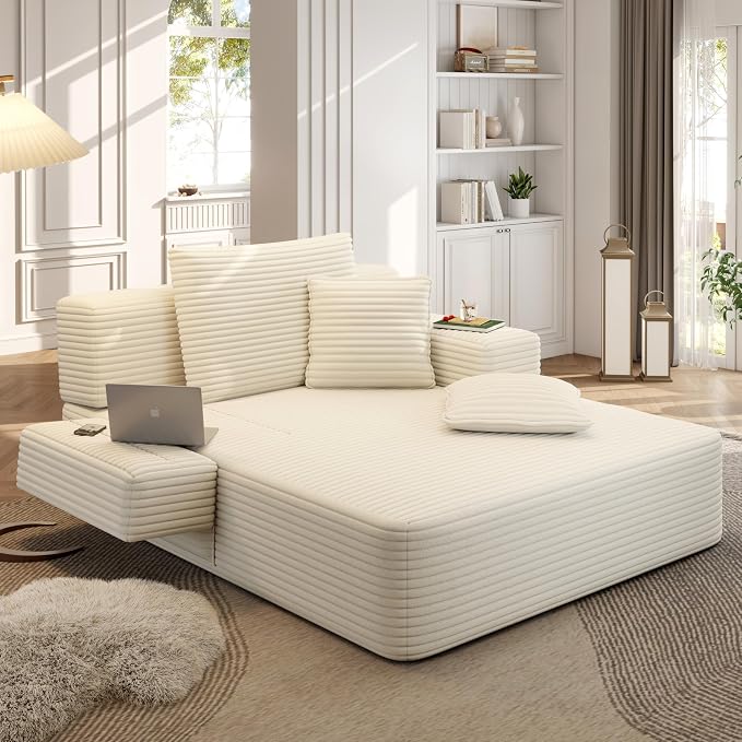 48.5" Oversized Chaise Lounge Chair Indoor, 3-in-1 Convertible Sleeper Sofa Bed, Plush Corduroy Boneless Chaise with 3 Pillows & Side Pockets, Adjustable Back/Armrest for Living Room - Beige