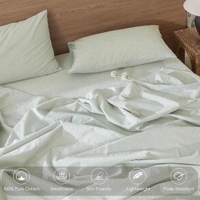 MooMee Striped Duvet Cover Set 100% Washed Cotton Linen Like Textured Breathable Durable Soft Comfy (Sage Green White Pinstripes, Queen 90"x90")