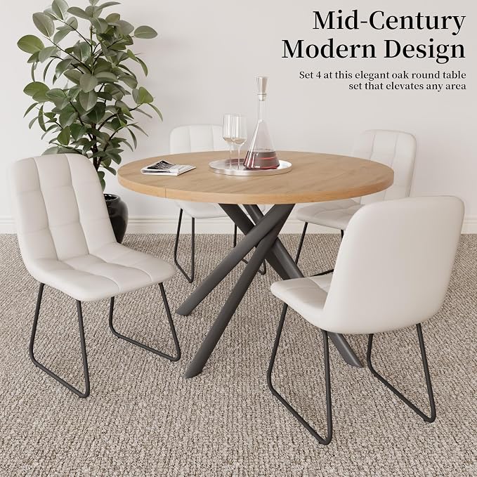 HIPIHOM 45.3 Inch Round Dining Table Set for 4, Mid Century Modern Small Kitchen Coffee Set for Dining Room Kitchen Apartment (Oak Table + 4 U-Shaped White Chairs)