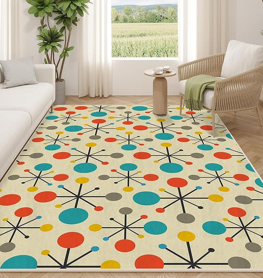 Retro Area Rug for Living Room Bedroom Dining Room 3‘x5’, Mid Century Modern Atomic Living Room Rug Non-Slip, Yellow Floor Rug Carpet Machine Washable