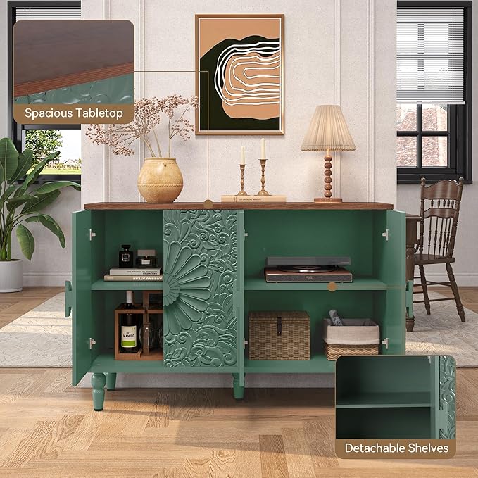 Accent Cabinet with 4 Vintage Carved Flower Pattern Doors, 47" Sideboard Buffet Cabinet with Storage, Decorative Cabinet Wood Credenza for Living Room, Hallway, Green