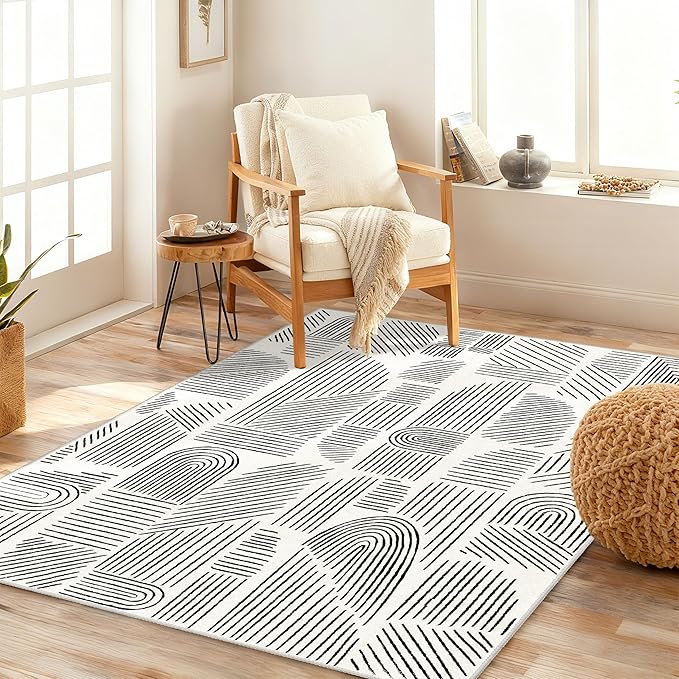 MUJOO 3x5 Washable Rug,Mid Century Modern Abstract Non Slip Low Pile Area Rug,White and Black Rug for Living Room Bedroom Entryway