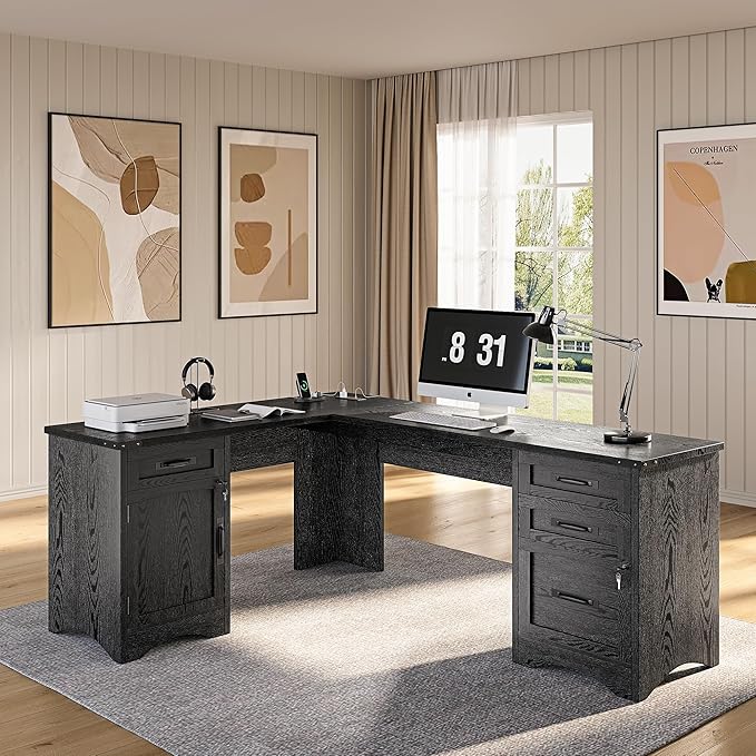 Decofy L Shaped Farmhouse Executive Desk with Drawers, 67" Home Office Desks with Fast Charging Station, Lockable File Cabinet, Wood Writing Computer Desk for Work, Study, Black