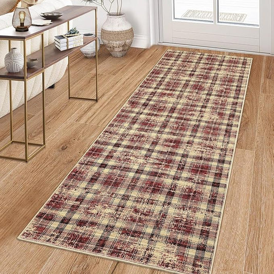 Washable Rugs Runner Rug 2x6 Modern Plaid Area Rug Soft Carpet 2'x6' Red